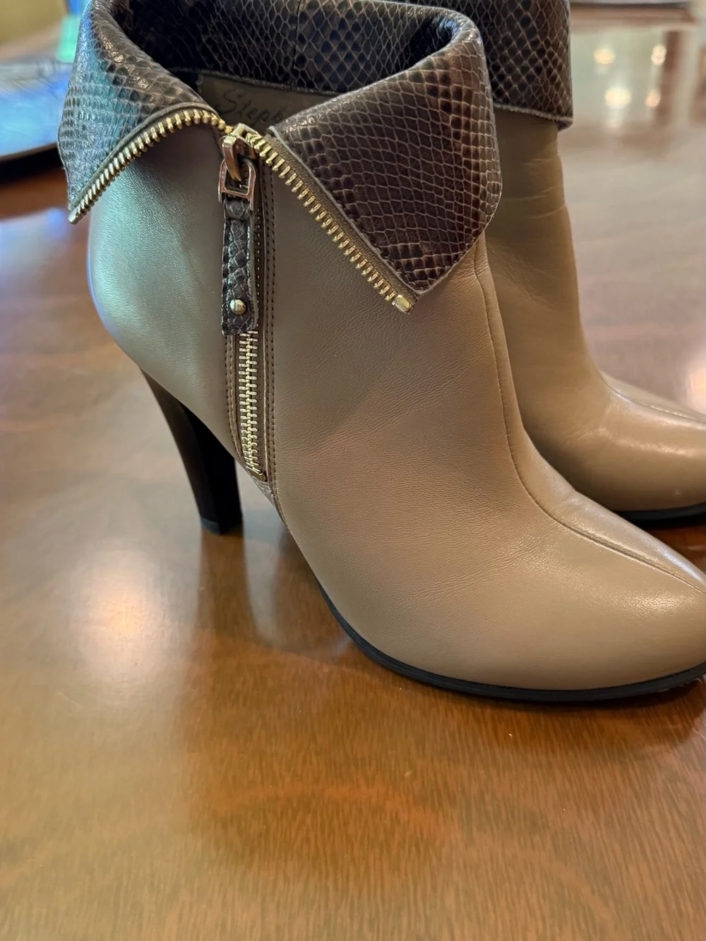 Fold-Over Leather Taupe Ankle Booties with Snakeskin Trim